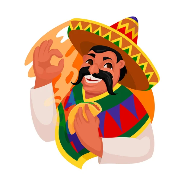 Personaje de Color de Dibujos Animados Hombre Comiendo Taco Concepto de Comida Mexicana. Vector — Archivo Imágenes Vectoriales