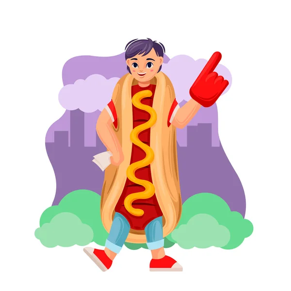 Cartoon Color Character Man Advertising Suit Hotdog Concept. Вектор — стоковый вектор