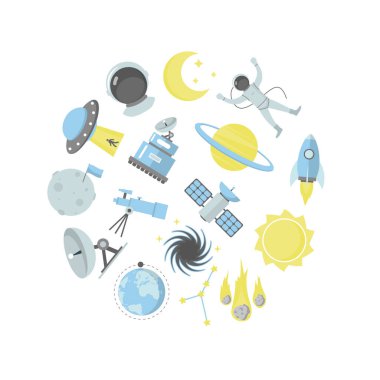 Çizgi film Color Cosmos, Yuvarlak Tasarım Şablonu Bayrağı. Vektör