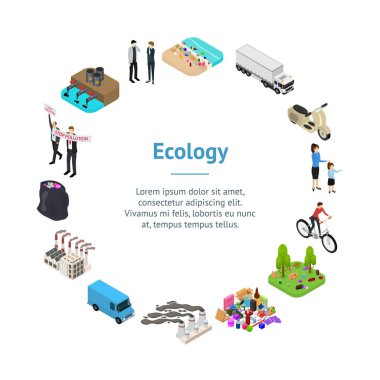 Ekoloji Kirliliği Kavramsal Sancak Çemberi 3D Isometric View. Vektör