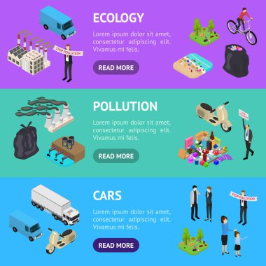 Ekoloji Kirliliği Konsepti Bayrak Yatay Set 3d Isometric View. Vektör