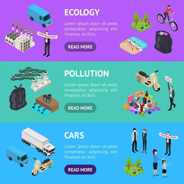 Ekoloji Kirliliği Konsepti Bayrak Yatay Set 3d Isometric View. Vektör