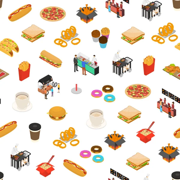 Fast Food Cart Cafe Concept Seamless Pattern Ιστορικό 3d Ισομετρική άποψη. Διάνυσμα — Διανυσματικό Αρχείο