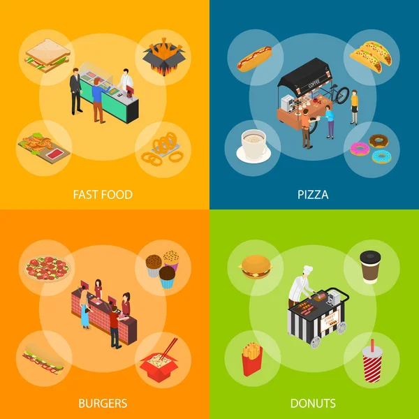 Fast Food Cart Cafe Concept Banner Set 3D Isometric View (em inglês). Vetor —  Vetores de Stock