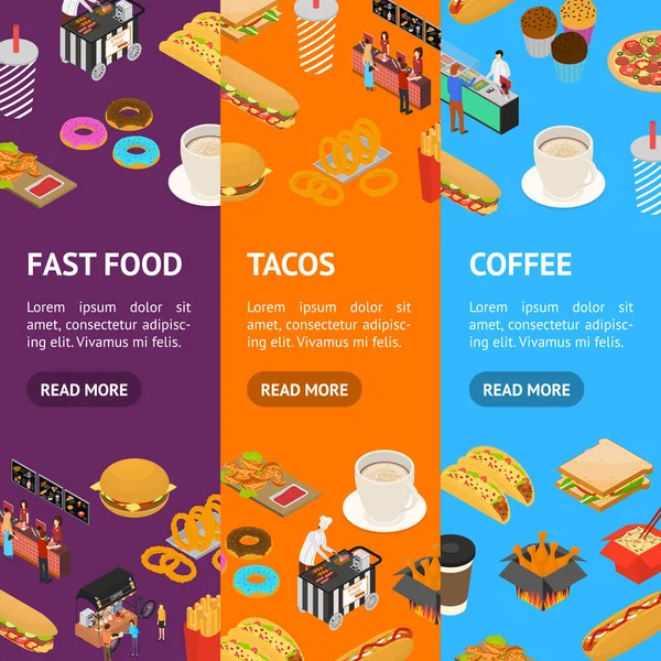 Fast Food Cart Концепція кафе Банер Векторний набір 3d Ізометричний вигляд. Векторні — стоковий вектор
