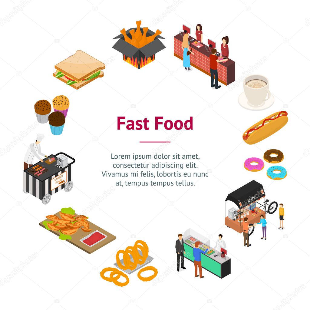 Fast Food Cart Cafe Concept Banner Card Circle 3d Isometric View. Vector