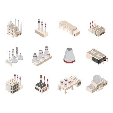 Fabrika İnşaat veya Binalar Konsepti 3d Isometric View 'ı ayarla. Vektör