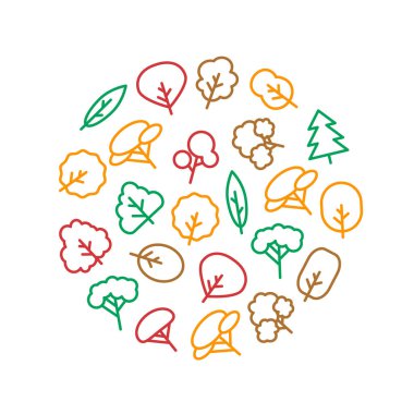 Ağaçların İşaretleri İnce Çizgi Kavramsal Yuvarlak Tasarım Şablonu. Vektör