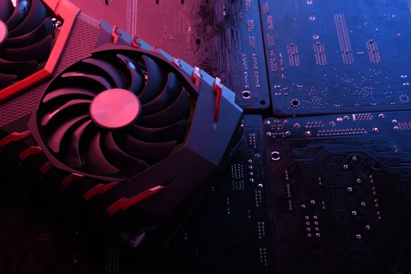 Computer game graphics card, videocard with two coolers on circuit board ,motherboard background. Close-up. With red-blue lighting.