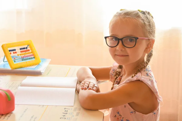 Studying Home Portrait Little Young Girl Sitting Desk Glasses — Stock Photo, Image