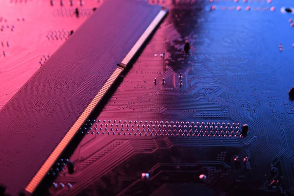 Computer memory RAM on circuit motherboard background . Close up. system, main memory, random access memory, onboard, computer detail. Computer components . DDR3. DDR4. DDR5