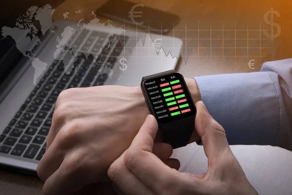 Businessman checking forex trading, stock market price from smart watch. Fintech intelligence technology enables user flexible and digital solution on financial investment in stock exchange trading.