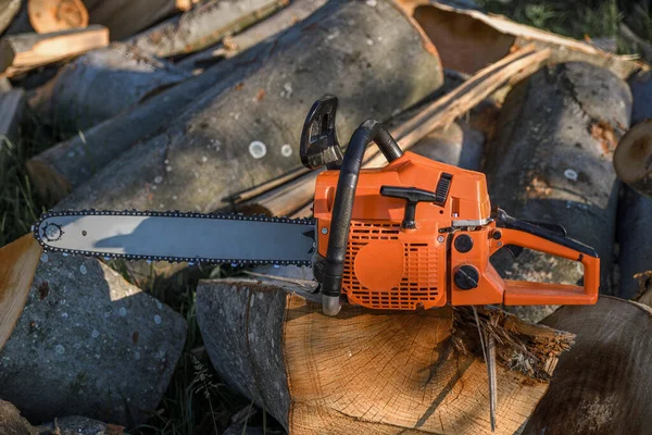 Kettensäge Die Auf Einem Haufen Brennholz Hof Steht Vor Einem — Stockfoto