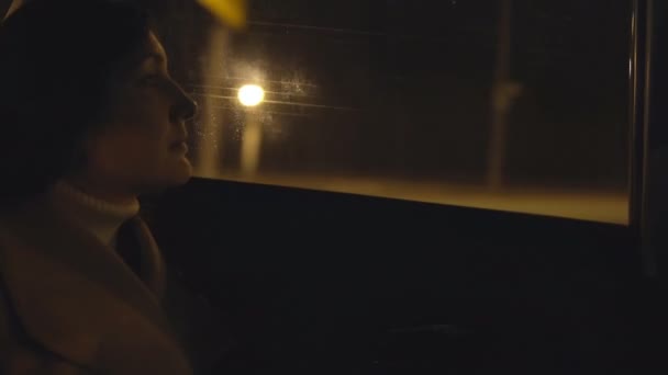 Young woman in the passenger seat of a car traveling through the night city — Stock Video