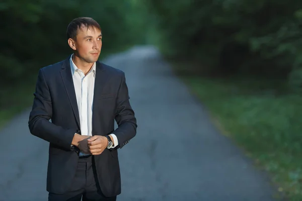 Handsome Young Man Business Suit Walking Forest Road — Stock Photo, Image