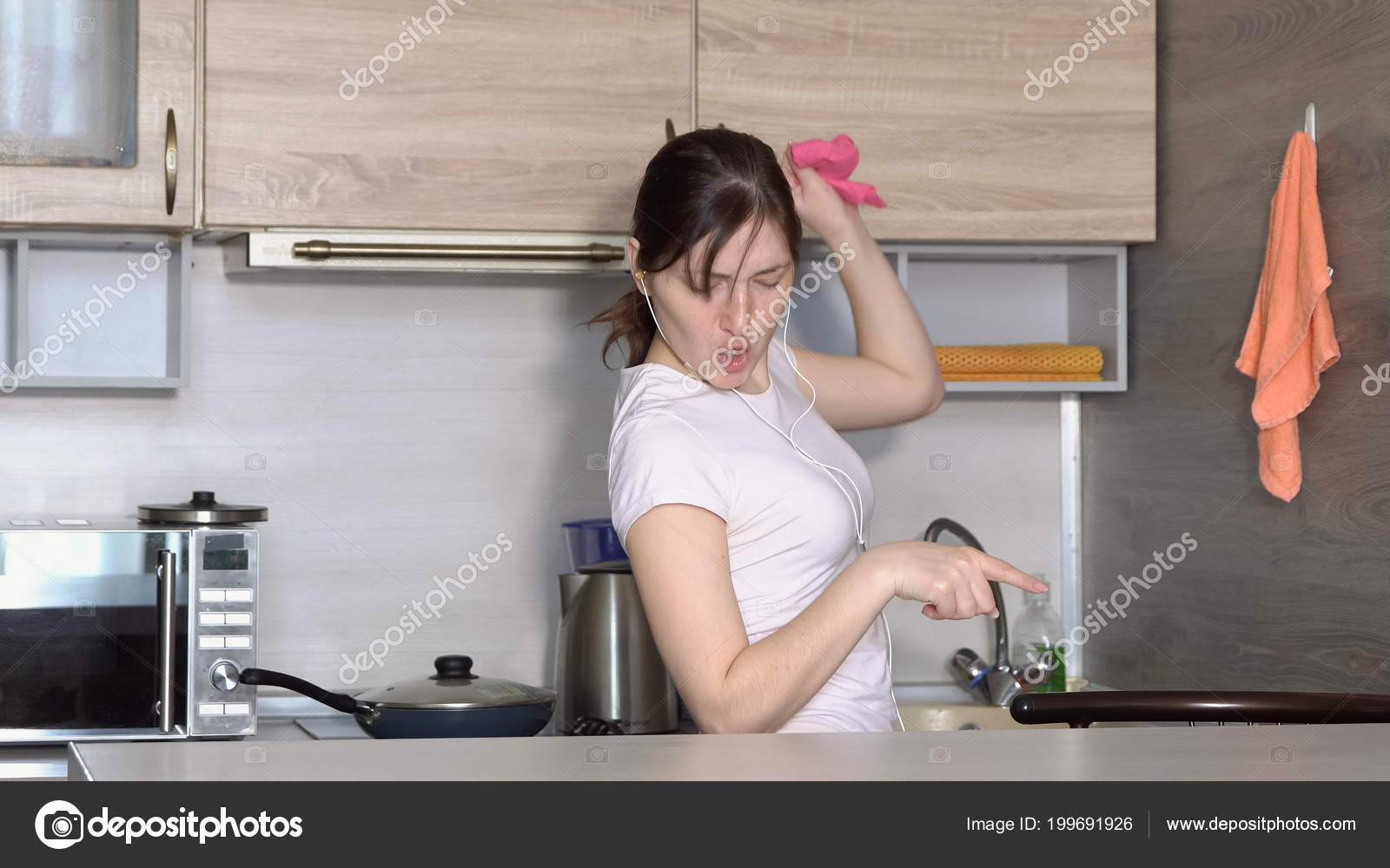 Beautiful Woman Cleaning Kitchen Dancing Music Headphones Stock Photo Image By Lenblr 199691926