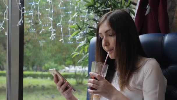 Όμορφη γυναίκα με ένα τηλέφωνο σε ένα καφέ ανακατώνει mulled κρασί — Αρχείο Βίντεο
