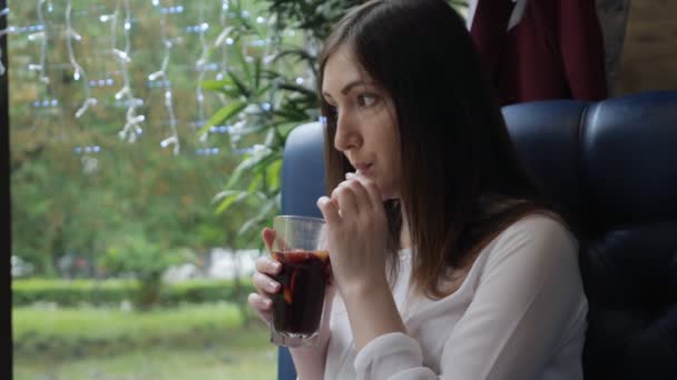 Beautiful woman in a cafe stirs mulled wine — Stock Video