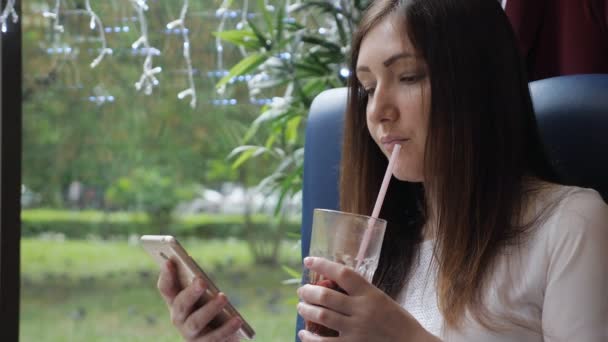 Mooie vrouw met een telefoon in een café roert glühwein — Stockvideo