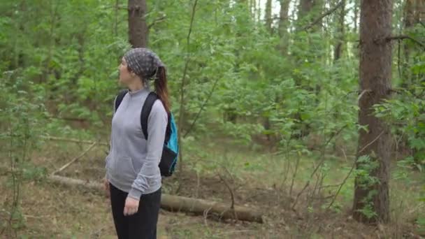 Junge Frau verirrt sich im Wald — Stockvideo