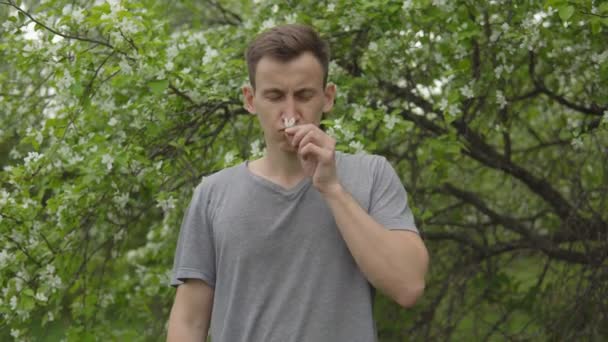 Un jeune homme renifle une fleur de pommier. Allergie de printemps — Video