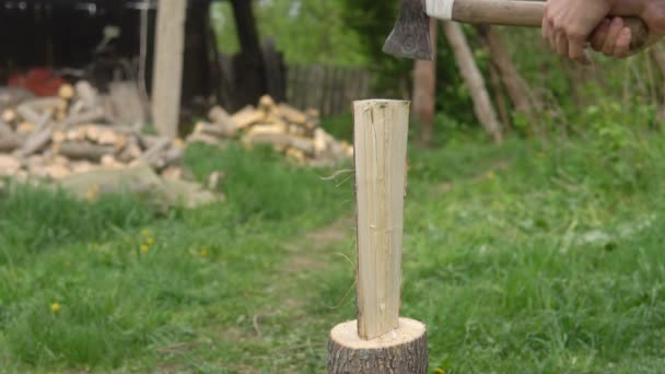 Hombre cortando madera para el invierno en el patio — Vídeo de stock