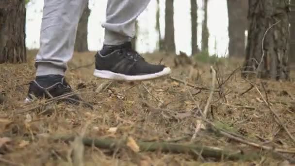 Piedi di un uomo che cammina attraverso la foresta. Campeggio nel bosco — Video Stock