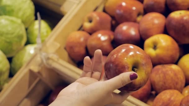 Jovem mulher em uma mercearia examina maçãs — Vídeo de Stock