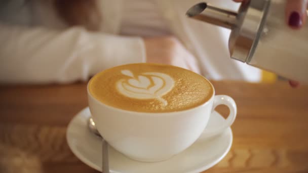 Junge Frau in einem Café, Kaffee trinkend, Zeitlupe — Stockvideo