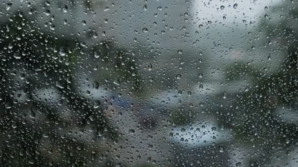 Капли дождя на фоне синего стекла. Уличные огни Боке не в фокусе. Осенний абстрактный фон — стоковое видео