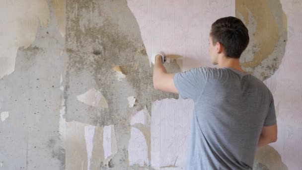 Homem arrancando papel de parede no quarto — Vídeo de Stock