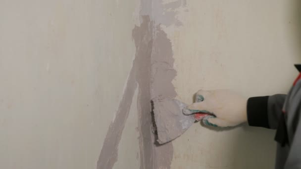 Mann verputzt Wand mit Palette — Stockvideo