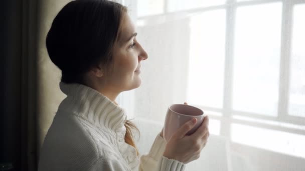 Junge schöne brünette Frau im Pullover trinkt Tasse Kaffee am Fenster — Stockvideo