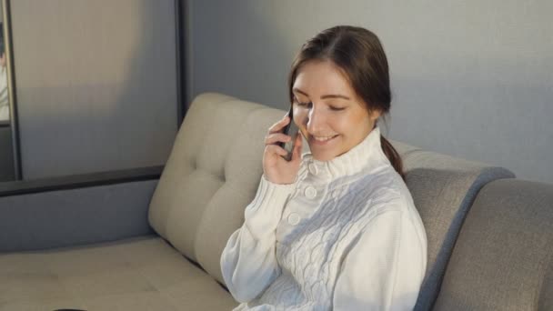 Sorrindo, rindo fêmea falando em seu telefone . — Vídeo de Stock