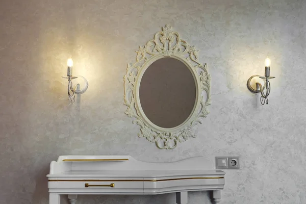 portrait of vintage vanity table set with mirror.
