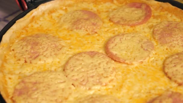 El queso sobre la pizza se derrite del calor del horno — Vídeos de Stock