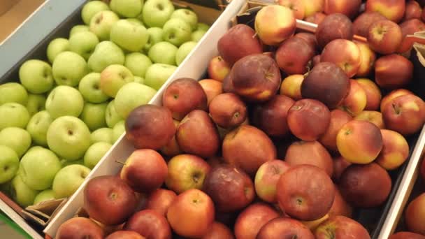 Lebensmittel im Supermarkt kaufen und Äpfel auswählen — Stockvideo