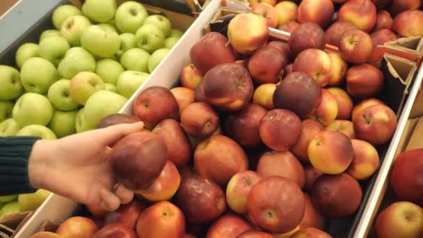 Frau wählt im Supermarkt frische rote Äpfel aus — Stockvideo