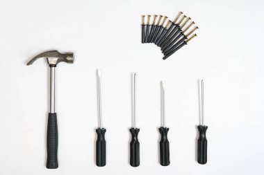 Üstten görünüm Tornavidalar, çekiç, vida ve dübel üzerinde zemin beyaz