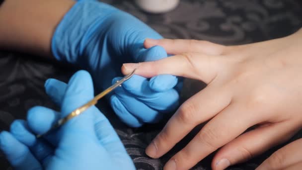 Vrouwelijke handen in nagel salon ontvangen een manicure door een schoonheidsspecialiste. — Stockvideo