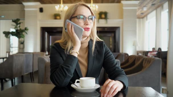 Smiling young woman having friendly phone conversation while drinking coffee in cafe — Stock Video