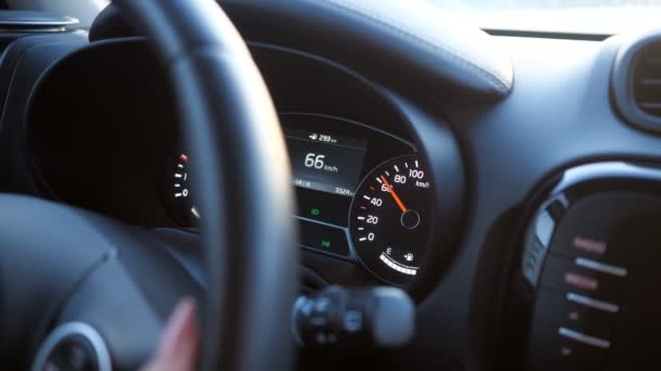 Closeup of hand on the steering wheel and speedometer — Stock Video