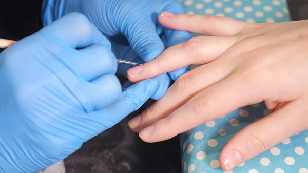 Manicure Making Female Hands Covering Transparent Enamel Woman Hands Nail — Stock Photo, Image