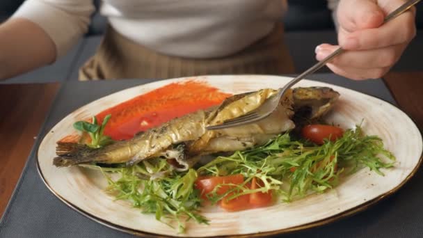 Κοντινό πλάνο γυναίκα τρώει ψάρι φιλέτο με μαχαίρι και πιρούνι — Αρχείο Βίντεο
