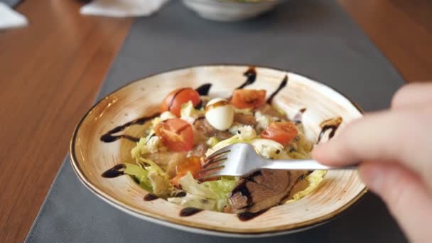 Human eating salad with fork in a cafe — Stock Video