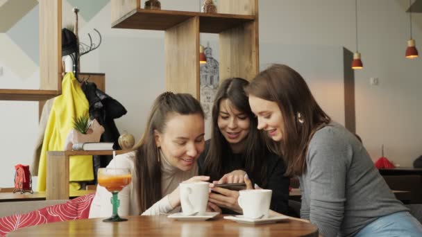 3 女性のガール フレンドは、スマート フォンとカフェに座っているそれについて話している何かを探しています。. — ストック動画