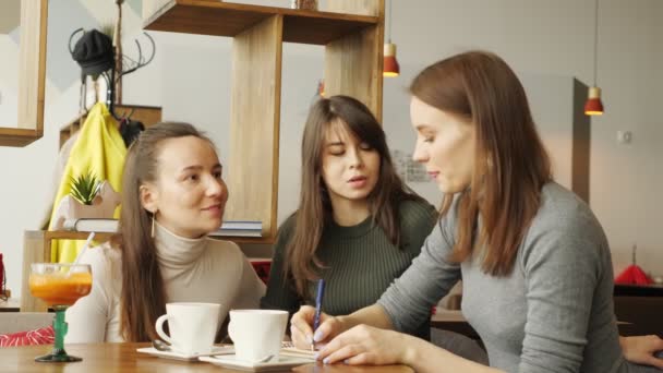 Kolegové ženy diskutovat o společný projekt v kavárně v centru coworkingu a dělala si poznámky v poznámkovém bloku. — Stock video