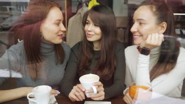 Mulheres namoradas em um café estão se divertindo conversando e bebendo suas bebidas. Vista de trás de vidro . — Vídeo de Stock