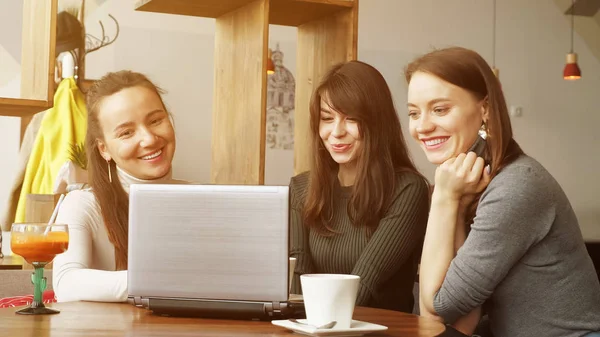 Frauen diskutieren im Café mit Laptop über gemeinsames Projekt. — Stockfoto