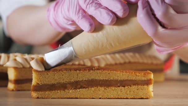 Chef de pastelaria decora biscoito com creme de saco de pastelaria . — Vídeo de Stock